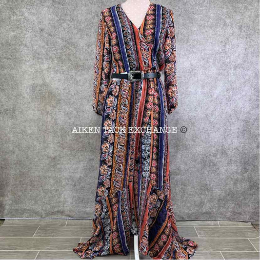 Venus Printed Stripe Long Dress w/ Belt, Size 10