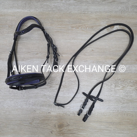 FSS Purple Padded Flash Bridle with Rubber Grip Reins, Black, Size Cob