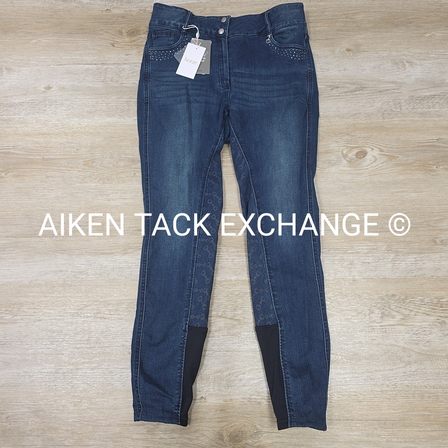 Horze Kaia Crystal Denim Silicone Grip Full Seat Breeches, Size 32