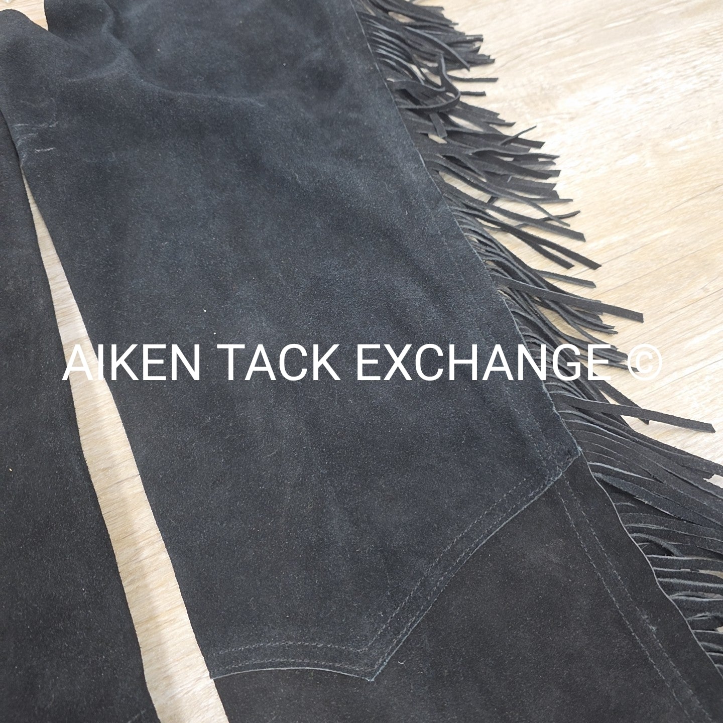 Suede Full Chaps with Fringe, Black, Size Small