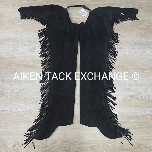 Suede Full Chaps with Fringe, Black, Size Small
