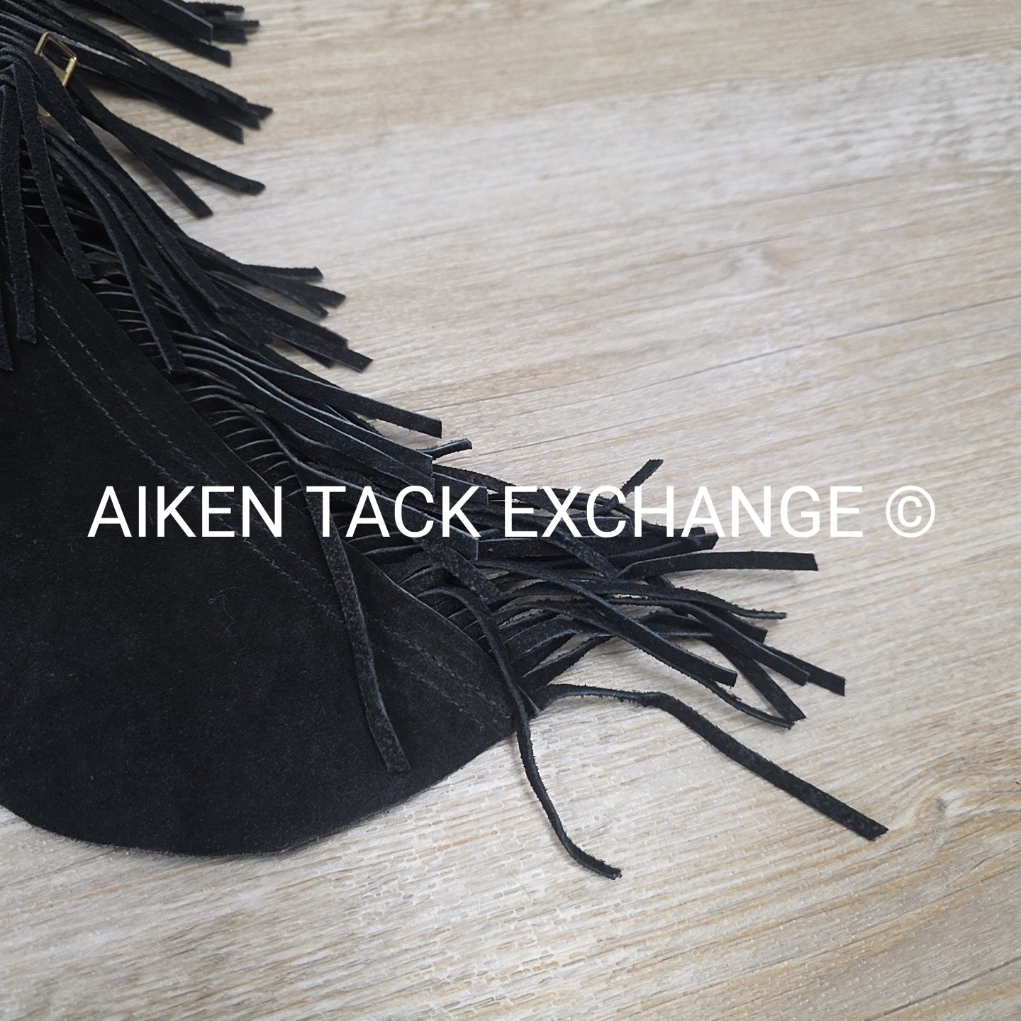 Suede Full Chaps with Fringe, Black, Size Small