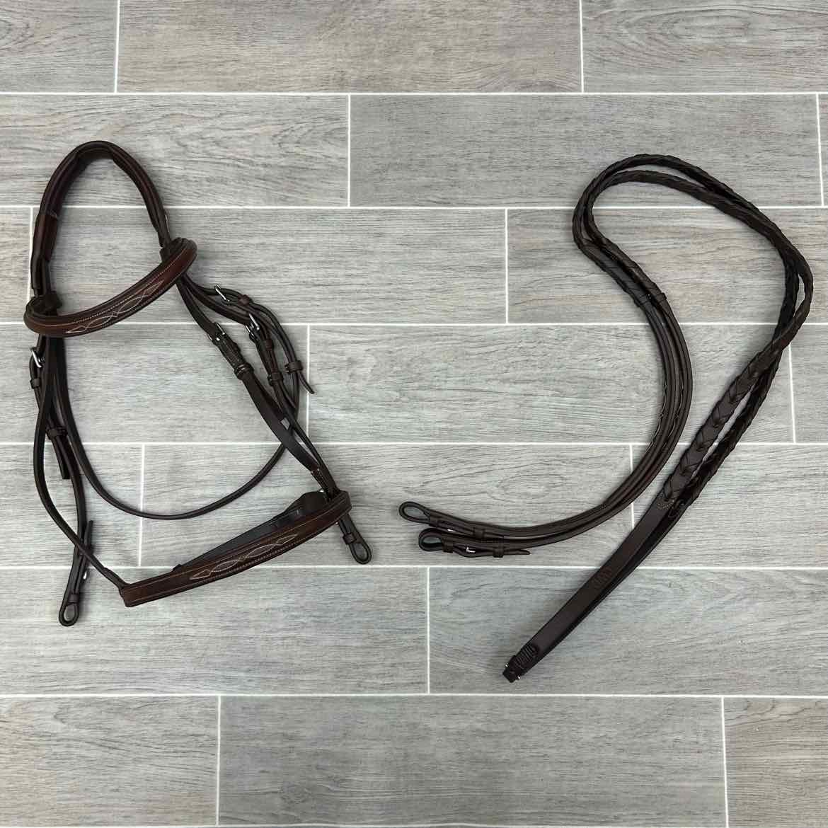 CWD Raised Fancy Stitched Noseband with Matching Laced Reins, Brown, Size Full (