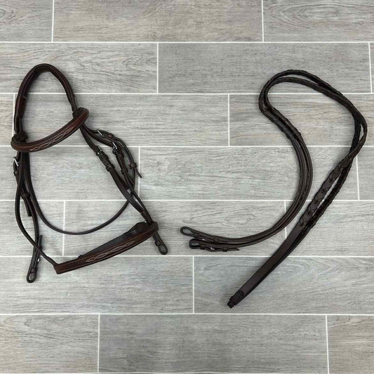 CWD Raised Fancy Stitched Noseband with Matching Laced Reins, Brown, Size Full (