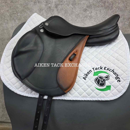 **SOLD** 2024 Prestige Chris Burton K Monoflap Jump Saddle, 17" Seat, 34 Tree -  M/MW, Wool Flocked Panels