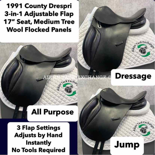 1991 County Drespri 3-in-1 Adjustable Flap Dressage, All Purpose & Jump Saddle, 17" Seat, Medium Tree, Wool Flocked Panels