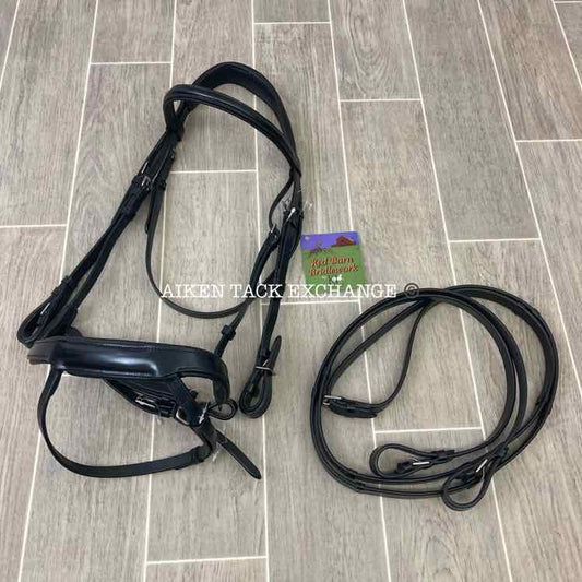 KL Select Red Barn Arena Ergonomic Bridle with Flash Crank Noseband, Black, Size Full, Comes with Matching Reins, Brand New