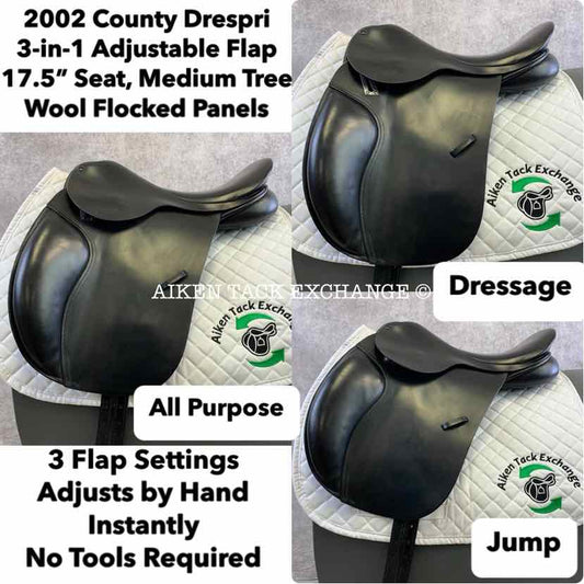 **SOLD** 2002 County Drespri 3-in-1 Adjustable Flap Dressage, All Purpose & Jump Saddle, 17.5" Seat, Medium Tree, Wool Flocked Panels