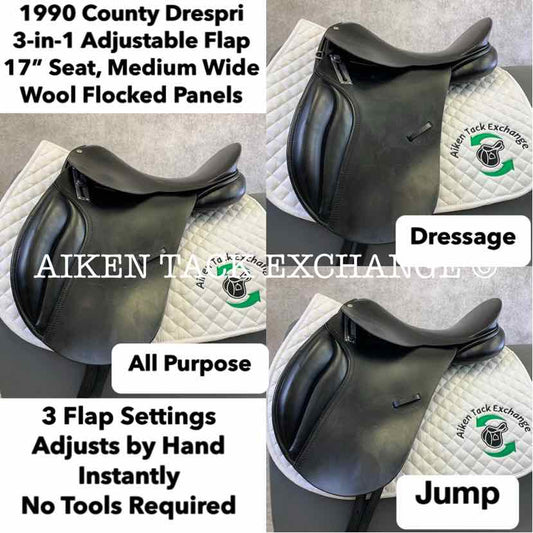 1990 County Drespri 3-in-1 Adjustable Flap Dressage, All Purpose & Jump Saddle, 17" Seat, Medium Wide Tree, Wool Flocked Panels