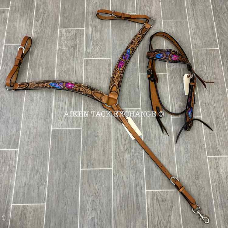 Turquoise Cross Twisted Feather Headstall w/ Matching Breast Collar