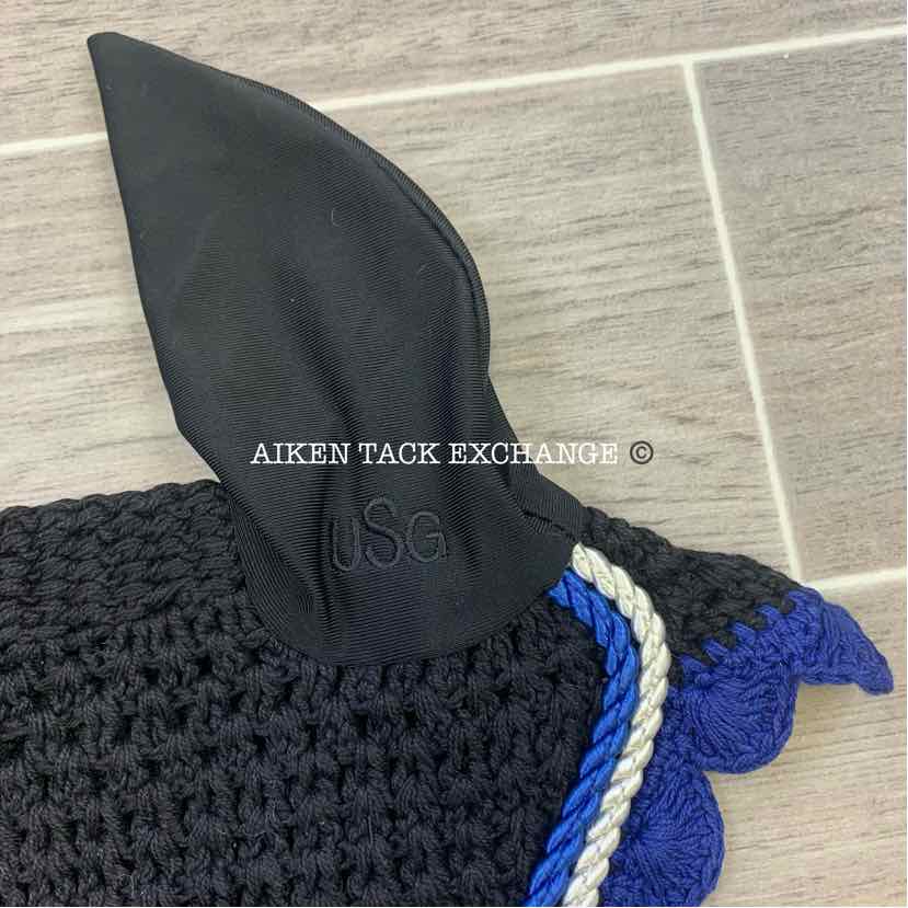 USG by KL Select Fly Veil Ear Bonnet, Black/Blue, Size Pony/Cob, Brand New
